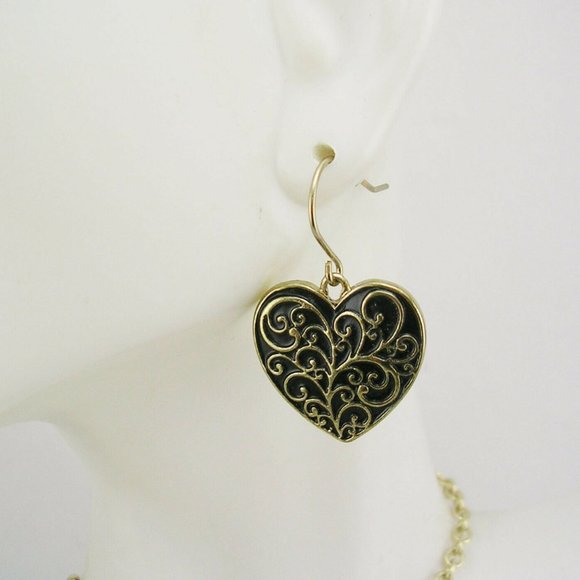 Joan Rivers Necklace Earring Set Etched Hearts Gold & Black NIB 18" Perfect - Picture 2 of 7